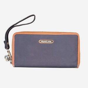 Michael Kors blue and brown leather trim wallet‎